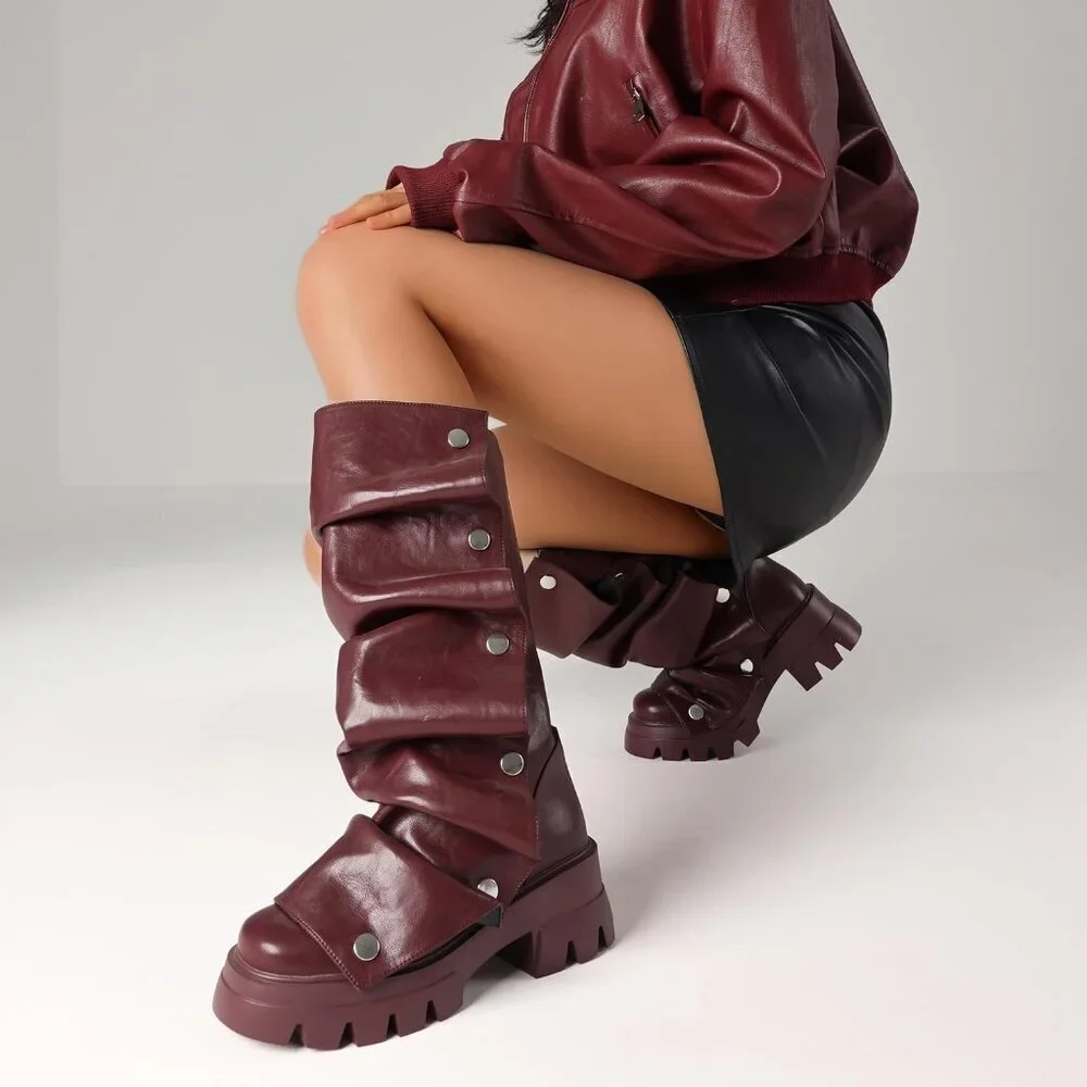 Women's Burgundy Pu Fold Over Knee Slouchy Ruched Stacked Heel Round Toe Boots
